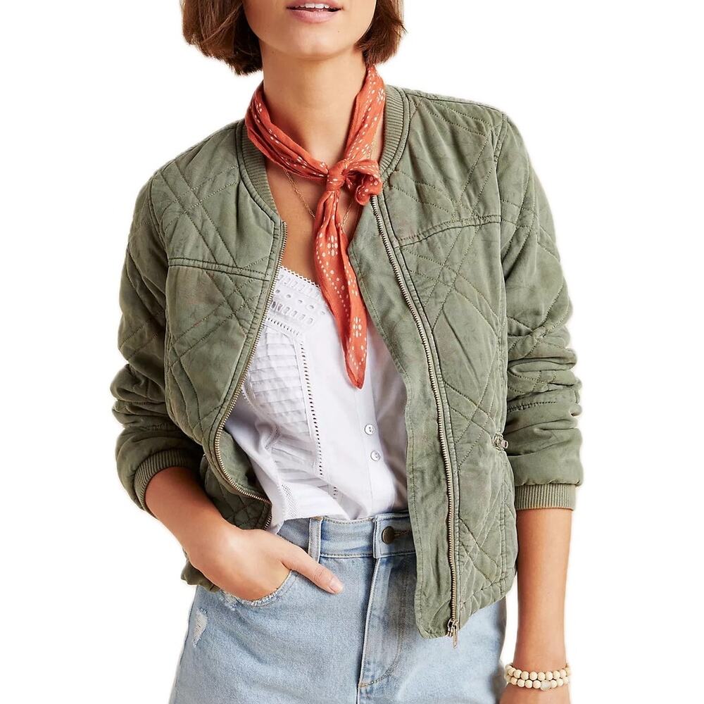 Anthropologie Olive Green Faint Floral Print Valentina Quilted Bomber Jacket